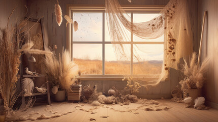 Backdrop with dry grasses with window frame, generative ai