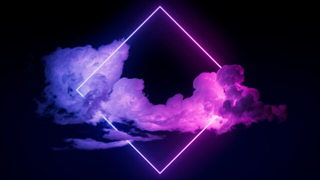 Pink and Blue Neon Light with Cloud Formation. Diamond shaped Fluorescent Frame in Dark Environment.