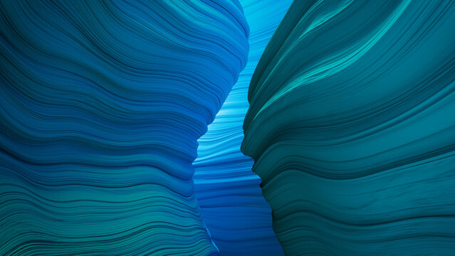 3D Rendered Cave with Blue and Turquoise Undulating Surfaces.