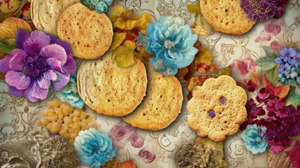 Cookies on paper with garden flowers, generative ai