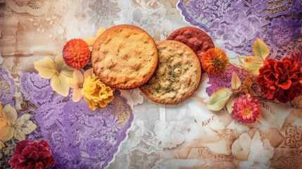 Cookies on paper with garden flowers, generative ai