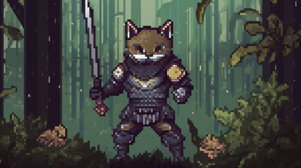 Pixel art close up of a cat knight in armor and with weapon in paw, generative ai
