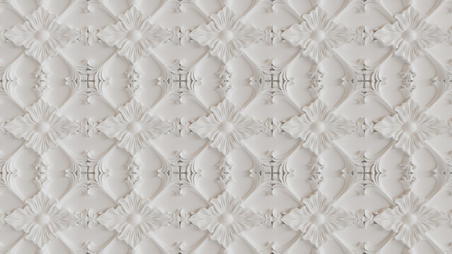 White 3D Rosette Pattern Background. Intricate Light Decorative Wallpaper.