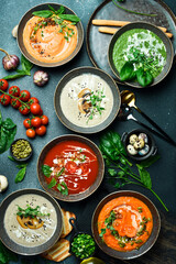 A set of colored vegan soups. In a bowl. Healthy food concept. Close up.