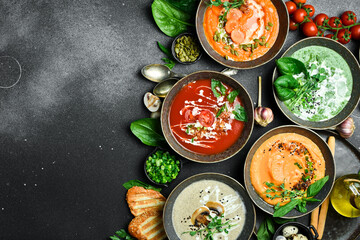 Homemade vegetarian soups and ingredients for cooking. In a bowl. Healthy food concept. Advertising photo.