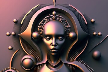 surreal metallic portrait of a woman, modern abstract cooper relief with futuristic ornaments, fictional person created with generative ai