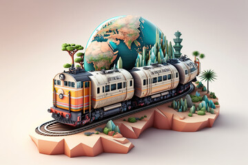 Train travels around the earth on white background. Time to travel concept,  Global railway network. AI Generative.