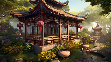 Obraz premium Garden landscape with traditional architecture and dishes on table, generative ai