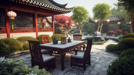 Obraz premium Garden landscape with traditional architecture and dishes on table, generative ai