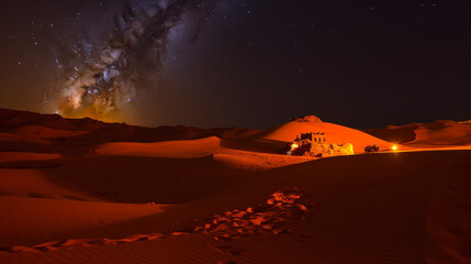 Fototapeta na wymiar Sahara in night with stars and big bright glowing sand dune, generative ai