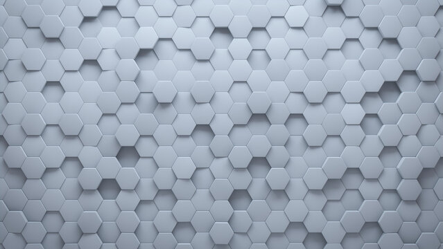 Hexagonal Tiles arranged to create a 3D wall. Futuristic, Polished Background formed from White blocks. 3D Render