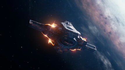 Obraz premium Spaceship flying towards space nebula, generative ai