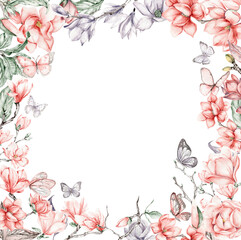 Watercolor hand drawn spring garden full of flowers square frame. Watercolor illustration for scrapbooking. Cartoon hand drawn background with flower for kids design. Perfect for wedding invitation.