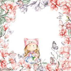 Watercolor square flower frame in cartoon style with a cute girl doll in a dress. Cartoon hand drawn background with flower princess and yellow flowers for kids design. Perfect for wedding invitation