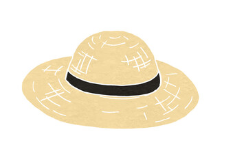 黒色リボン付き麦わら帽子のイラスト（版画風）