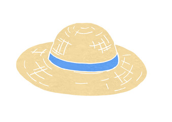 青色リボン付き麦わら帽子のイラスト（版画風）