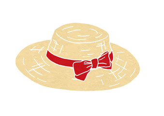 結んだ赤色リボン付きの平らな麦わら帽子のイラスト（版画風）