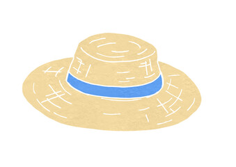 青色リボン付きの平らな麦わら帽子のイラスト（版画風）