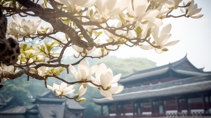 Summer morning magnolia tree with chinese pagoda in background, generative ai