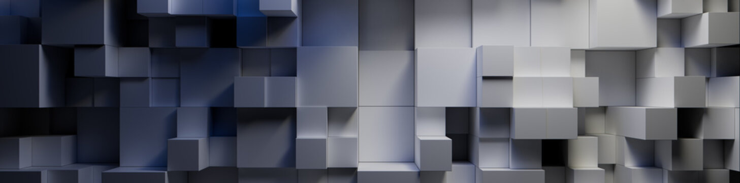 Grey and Blue, Multisized Cubes Neatly Aligned to create a Contemporary Tech Background. 3D Render.