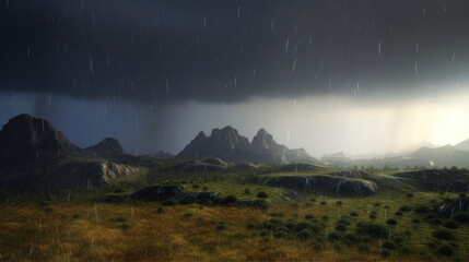 Obraz na płótnie Canvas Terragen rain landscape, 3d landsape with mountains and rain, generative ai