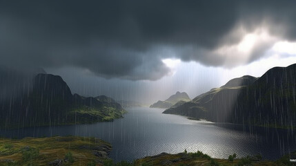 Terragen rain landscape, 3d landsape with mountains and rain, generative ai