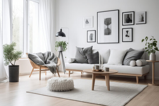 A sofa, light, and white walls make for a bright and cozy modern living room, generative AI