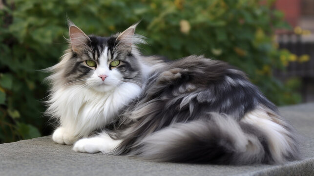 Outdoor picture of long hair black and white cat, fashionable long-hair cat in nature, generative ai