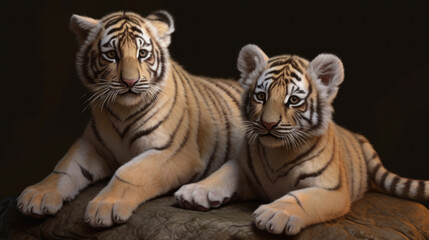 Fototapeta premium Two tiger cubs on dark background, cute small tigers, generative ai