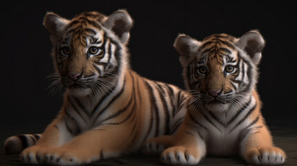 Fototapeta na wymiar Two tiger cubs on dark background, cute small tigers, generative ai