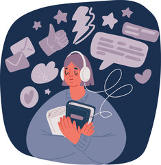 Cartoon vector illustration of Young woman with headphones listening audiobook.