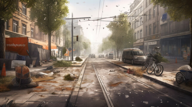 Ugly dirty street with bikes and trash with trees around, generative ai
