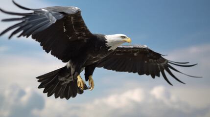 Obraz premium Cybernetic bald eagle. Eagle with electronic modifications, spy davices in nature, generative ai