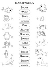 Match words with the correct pictures. Coloring page. Cute sea and ocean animals. Educational game for kids. Learn English vocabulary. Name matching worksheet. Vector illustration.