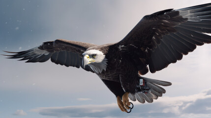 Obraz premium Cybernetic bald eagle. Eagle with electronic modifications, spy davices in nature, generative ai
