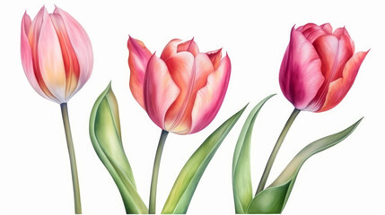 Fototapeta premium Watercolor 3 tulip on white background, nature made with watercolor, generative ai
