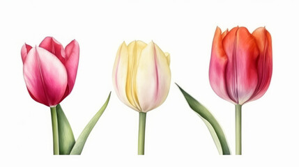 Naklejka premium Watercolor 3 tulip on white background, nature made with watercolor, generative ai