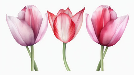 Fototapeta premium Watercolor 3 tulip on white background, nature made with watercolor, generative ai