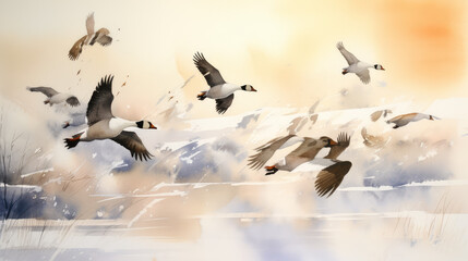Watercolor painting, flying geese and snowy landscape in background, migrating birds, generative ai
