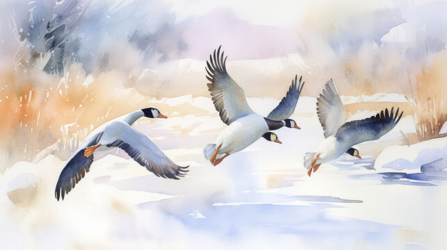 Watercolor painting, flying geese and snowy landscape in background, migrating birds, generative ai