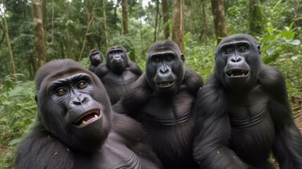 Fototapeta na wymiar Wildlife selfie of group of gorillas in jungle, generative ai