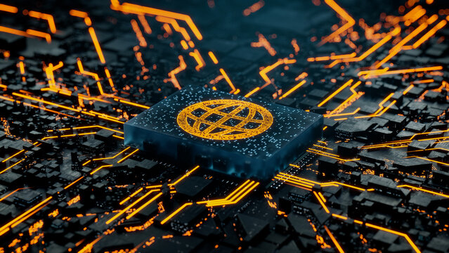 Internet Technology Concept with web symbol on a Microchip. Data flows from the CPU across a Futuristic Motherboard. 3D render.