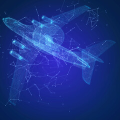 Military force air flying radar AWACS jet airplane. Glowing neon particles and blue lights formation of 3d model airplane