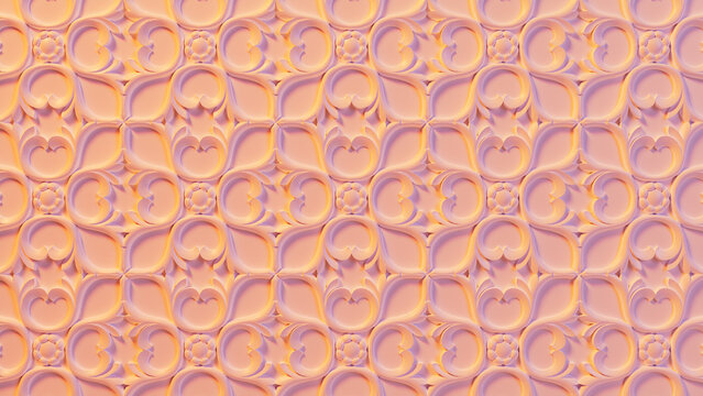Pink and Yellow 3D Baroque Pattern Background. Intricate Bright Ornate Wallpaper.