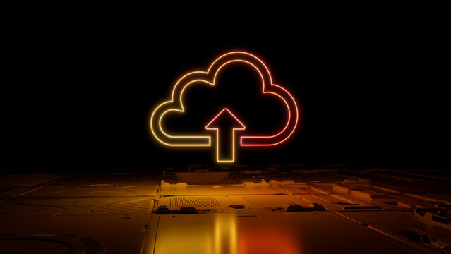 Orange and Yellow neon light cloud upload icon. Vibrant colored Data storage technology symbol, on a black background with high tech floor. 3D Render