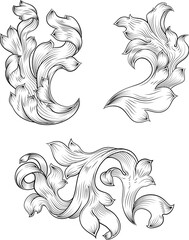 A set of crest or coat of arms filigree scroll heraldic or heraldry floral pattern designs. Like those from a medieval baroque royal crest, in a woodcut etching style - obrazy, fototapety, plakaty