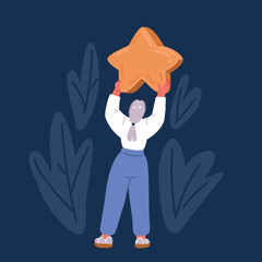 Cartoon vector illustration of Woman Hold Yellow Star to Rate Service or Goods. Client Female Character Feedback and High Rating. Customer Review and User Rating Star. Rear view.