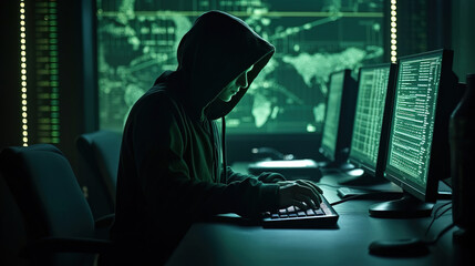 Hacker in a hoodie, back view, under dark lighting. Abstract background of glowing data lines, depicting the critical importance of cybersecurity and the battle against cyber threats