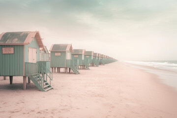 Beach in the fog with little houses, generative ai illustration with copy space