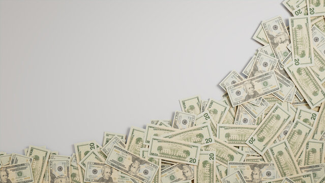 Cash Border Wallpaper with copy-space. Wealth concept with Twenty Dollar Bills at the edge of frame.